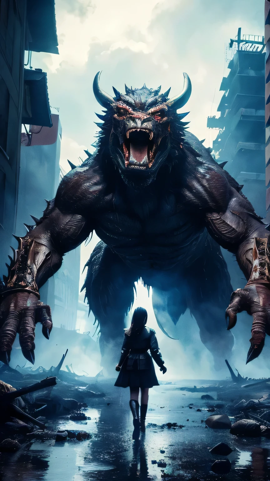 Ultra-high resolution, Superior Quality, highest quality, Super detailed, Realistic, 8k, highest quality, masterpiece, Japanese woman holding hands with a big monster, Ruined City, A dark and mysterious world,
