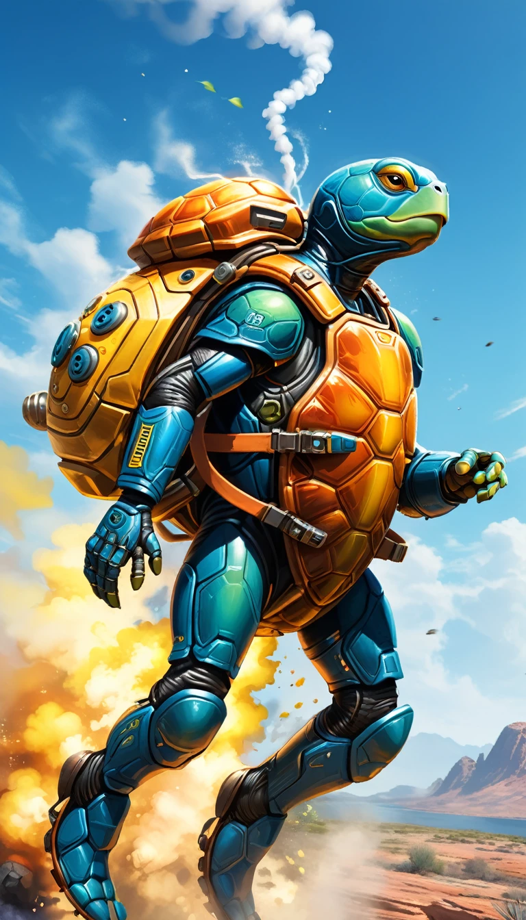 a side view illustration of a turtle, adorned with an oversized, whimsical jetpack, preparing for an unconventional flight, bewildered yet excited expression, wide-open eyes, slightly open mouth, contemplating its impending adventure, exaggerated in size jetpack, vibrant color scheme of blues and yellows, numerous buttons, dials, and visible fuel tank, playful trail of smoke, motion lines swirl around the jetpack's thrusters, minimal background featuring ground line, rock, and small plant, humorously combines the slow-moving turtle with a technologically advanced jetpack, best quality, 8k, highres, masterpiece, ultra-detailed, realistic, photorealistic, photo-realistic, HDR, UHD, studio lighting, ultra-fine painting, sharp focus, physically-based rendering, extreme detail description, professional, vivid colors, bokeh, concept art