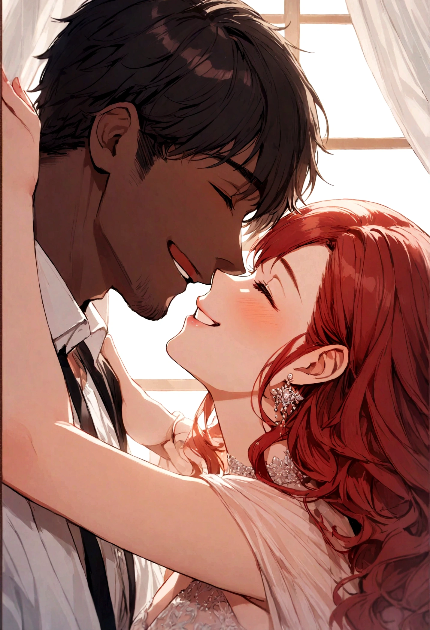 a redhaired woman kissing a black-haired man, happy, smiling, romance, couple. 1 woman, 1 man