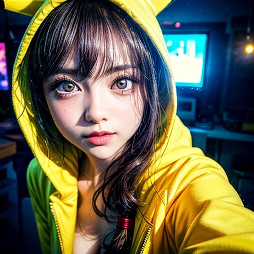 NSFW, (Girl in ((Yellow)) Pikachu hood), (naked hoodie, hood loosely open), MoreSode . masterpiece 8K best quality, (RAW PhotoRealistic HyperRealism:1.37) Ultra-detailed, (Acutance:0.85), VolumetricLighting, (Studio) gray background with (Blurred colorful Lights dazzling bokeH:1.28), { (Overflowing Gigantic Cleavage;1.2) | Navel | (Golden ray illuminating face) | (Photon Particles:0.95) } . BREAK . (((Extremely detailed KAWAII face, NOGIZAKA))), perfect anatomy, Childish, CaptivatingGaze, Elaborate detailed Eyes with (Sparkling Highlights:1.28), Beautifull Pupils, (Voluminous Long Eyelashes:0.88)、Glossy Lips, Rosy Cheeks, (Flawless FineSkin, Radiant PearlSkin with Transparency) . { (joyful expressions:1.28) | (:d) }, (Large eyes:-1) . (((from above, leaning forward with DownBlouse)))