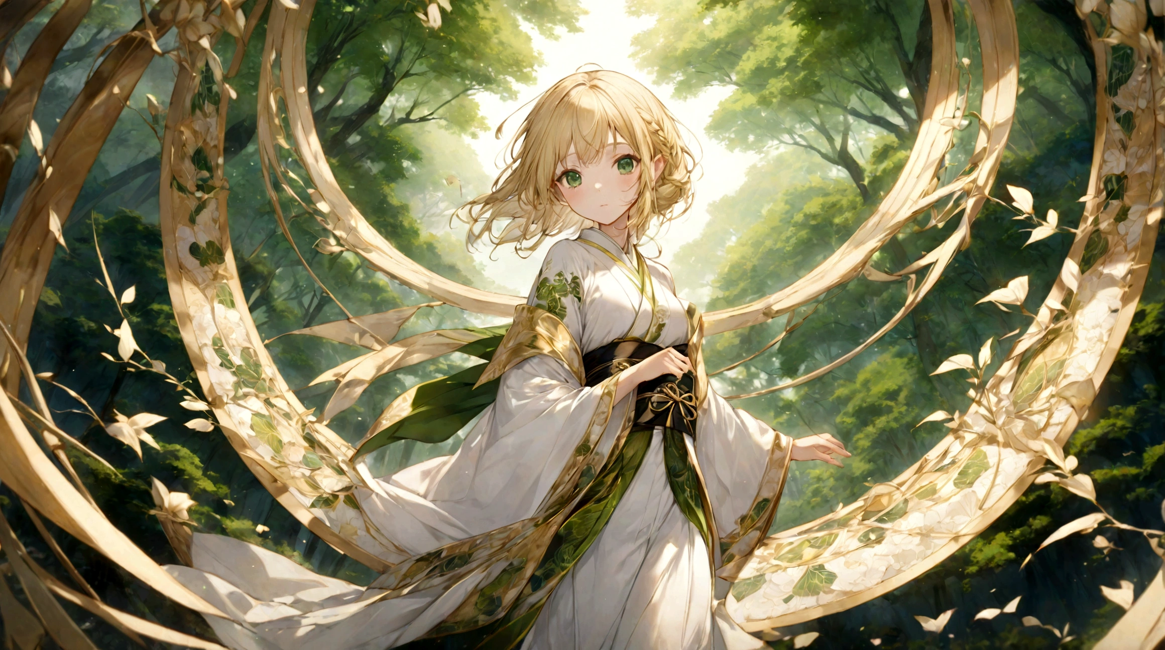 Japanese animation style、Beautiful blonde elf woman、In white clothes、Fantastic pattern of gold thread、Black band、Fresh green eyes、symmetry、Golden Ratio、Beautiful pattern at the hem、Beautiful scenery of Kyoto、high resolution、Amazingly detailed depiction、4k、128k、