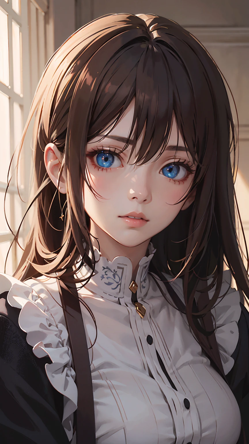 beautiful girl,anime ,Goddess Face,Big eyes,sharp eyes,Very detailed face,With beautiful eyes with symmetrical details,8ก,Sharp picture,close up,long brown hair,digital painting,movie light,chiaroscuro,Highly detailed,white balance