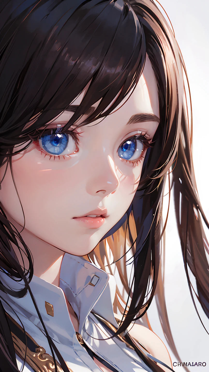 beautiful girl,anime ,Goddess Face,Big eyes,sharp eyes,Very detailed face,With beautiful eyes with symmetrical details,8ก,Sharp picture,close up,long brown hair,digital painting,movie light,chiaroscuro,Highly detailed,white balance