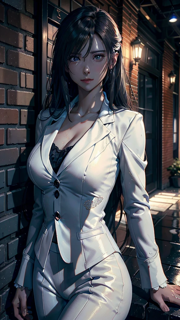 A beautiful woman in a white suit, leaning against a brick wall, detailed facial features, elegant expression, photorealistic, 8k, hyperdetailed, dramatic lighting, cinematic, moody atmosphere, cool color tones, chiaroscuro effect, intricate details, high quality, masterpiece