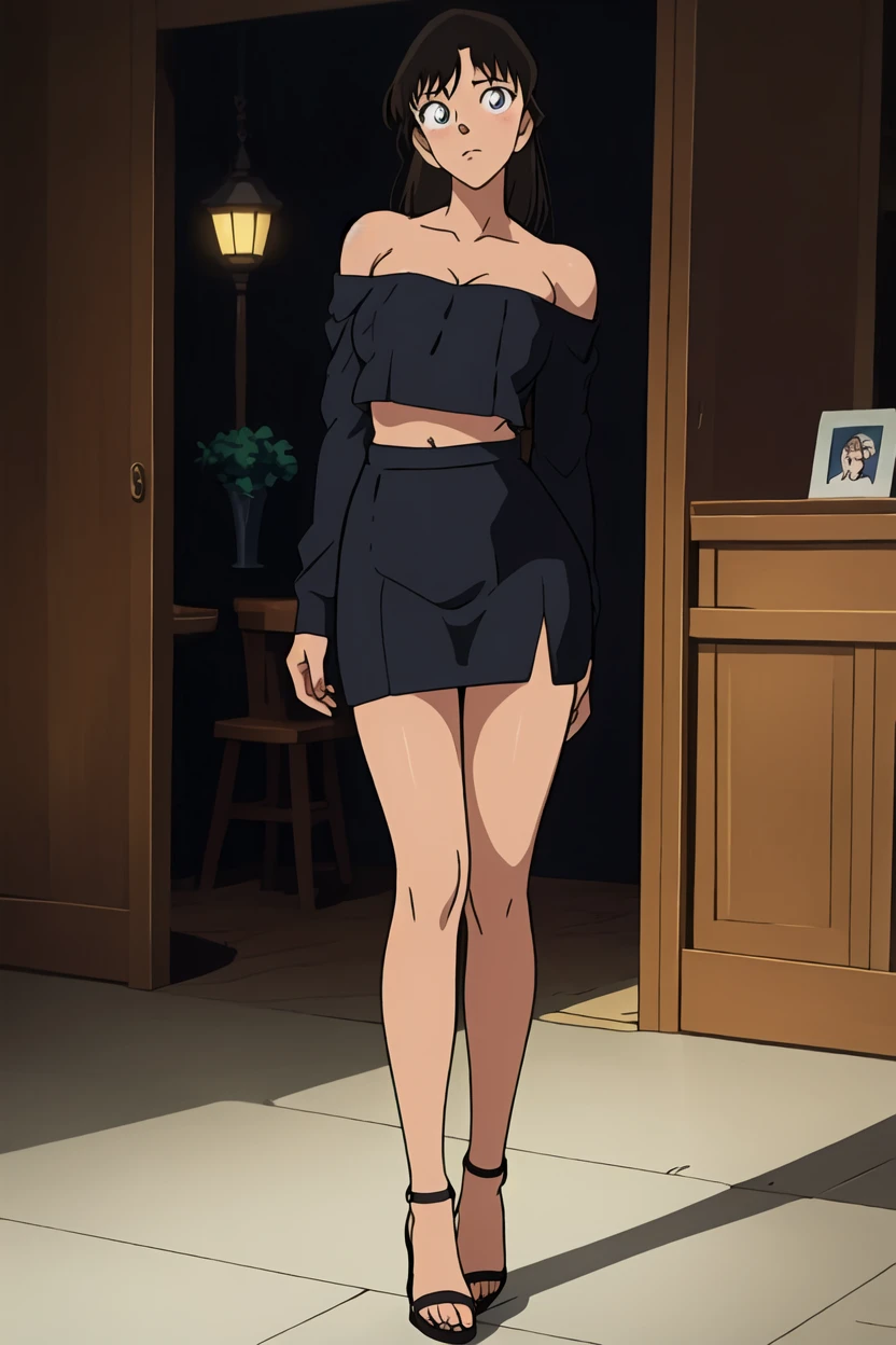  {{Artist: %ratatatat74%}} mature female, brown hair, short hair, green eyes, black dress, white belt, indoors, living room, standing, hands on hips, 