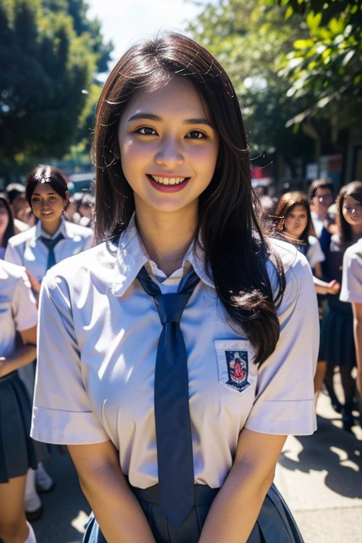 1girl, (indonesian highschool uniform), outdoors, detailed face, detailed eyes, medium breasts, shiny skin, looking at the audience, (laughing cute: 1.2), (happy), (8k, RAW photo, best quality, masterpiece: 1.2), (realistic, realistic: 1.37), ultra-high resolution