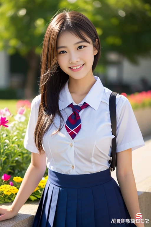 (((full bodyesbian)))、((Girls' High School Uniforms))、((1a person))、ponytail、short-hair、Close to the subject、((a school flower beds)))、(((ssmile)))、(((Girls' High School)))、((a beauty girl))、((sexy pose))、Photorealsitic、Beautiful detailed eyes、Hyper-Realism、highcontrast、Ultra HD、realistic skin textures、Top image quality、top-quality、超A high resolution、Fine details、Very meticulously、well-endowed round bosom