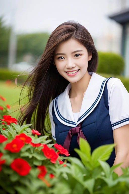 (((full bodyesbian)))、((Girls' High School Uniforms))、((１a person))、ponytail、short-hair、Close to the subject、((a school flower beds)))、(((ssmile)))、(((Girls' High School)))、((a beauty girl))、((sexy  pose))、Photorealsitic、Beautiful detailed eyes、Hyper-Realism、highcontrast、Ultra HD、realistic skin textures、Top image quality、top-quality、超A high resolution、Fine details、Very meticulously、well-endowed round bosom
