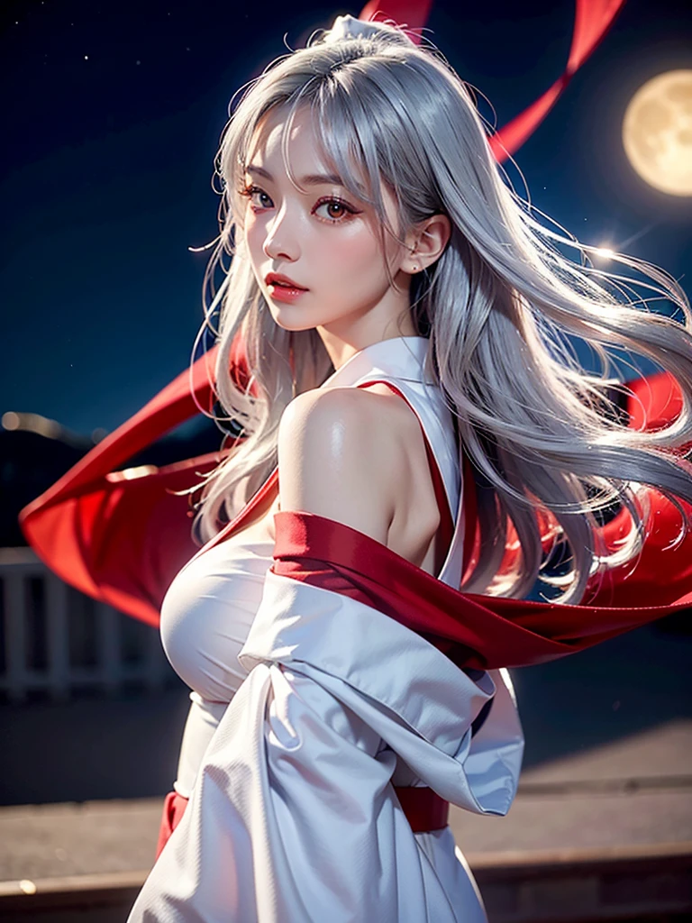 high resolution、high quality、One very beautiful woman、Silver Hair、Smooth long hair、White skin、Red Eyes、Stylish white and red kimono、Beautiful full moon scenery