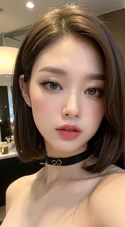 {masterpiece},{highest quality},{One Girl}, cute, wonderful, Beautiful details, **,Bob Hair, Brown Hair,In detail,Written boundary depth,Highly detailed CG,original, Highly detailed wallpaper,, View your viewers、Dark brown hair、blue eyes、Hotel、choker、Functional,pubic hair,slim、Model Body Type、All Nude,