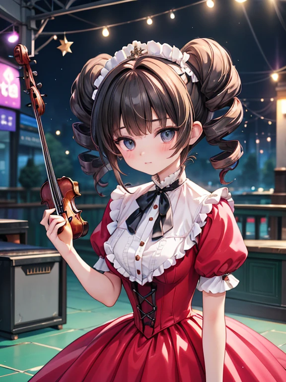 masterpiece, highest quality, Very detailed, 16k, Ultra-high resolution, ****************, Detailed face, Anatomically correct, black eye, Black Hair, Long Hair, Drill Hair, (mega twin drills:1.5), (victorian dress:1.6), (Red dress:1.5), Shoulder-to-shoulder clothing, Skirt with a widened hem, High heels, necklace, Concert Venues, violin, violinを持つ, Performance