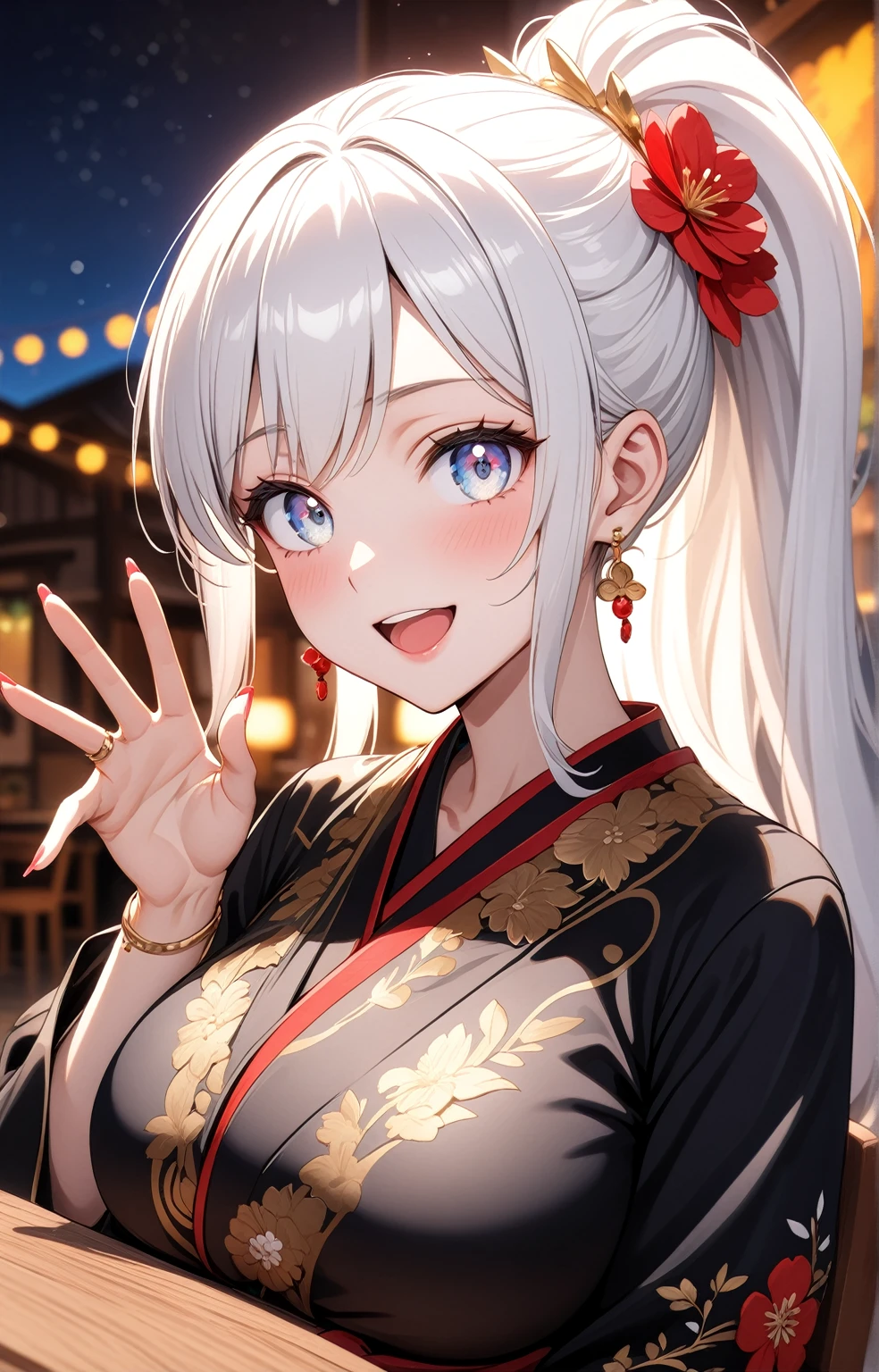 ((one personの女性)), Beautiful Face,(a woman looking excited and joyful. She has sparkling eyes, a wide open mouth with a big smile, and is raising her hands in an enthusiastic pose),(Bright red cheeks:1.3),Glossy pink lips,Cinema lighting,night,Outdoor tavern,firework,((Anime style background)),masterpiece, highest quality, so beautiful, Latest, Complex details, (Pink long nails),(ring),(bracelet),AI-generated, Complex,High resolution, highest quality, super high quality,3D Images、View your viewers、3D Images,one person,Long white hair,High Ponytail,(blue eyes),Anime woman posing for a photo, ((Fine grain、Silvery white colorful eyes、Shining Eyes:1.3)),(Squint your eyes:1.1),a hyperRealistic , hyperRealistic , Realistic,Anime woman with long and white hair, Smooth anime CG art, A woman in a colorful kimono with gold embroidery, (Black kimono),Red floral pattern,Long flower hair ornament,Big earrings,Mature Body,(Big Breasts:1.1),Tall,Fine details,Narrow waist,(Face close-up:1.3), Sit on a chair