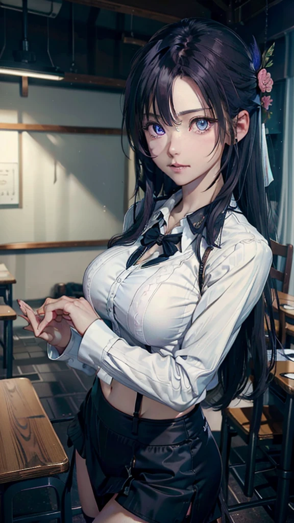 sayuriakino, sayuri akino, long hair, hair ornament, hairclip, purple hair, (purple eyes:1.1), (forehead:1.2),
BREAK shirt, white shirt,big breast, collared shirt, sweater, black sweater, large breasts, thick thighs, curvy hips
BREAK indoors, classroom,
BREAK looking at viewer, (cowboy shot:1.5),
BREAK (masterpiece:1.2), best quality, high resolution, unity 8k wallpaper, (illustration:0.8), (beautiful detailed eyes:1.6), extremely detailed face, perfect lighting, extremely detailed CG, (perfect hands, perfect anatomy),