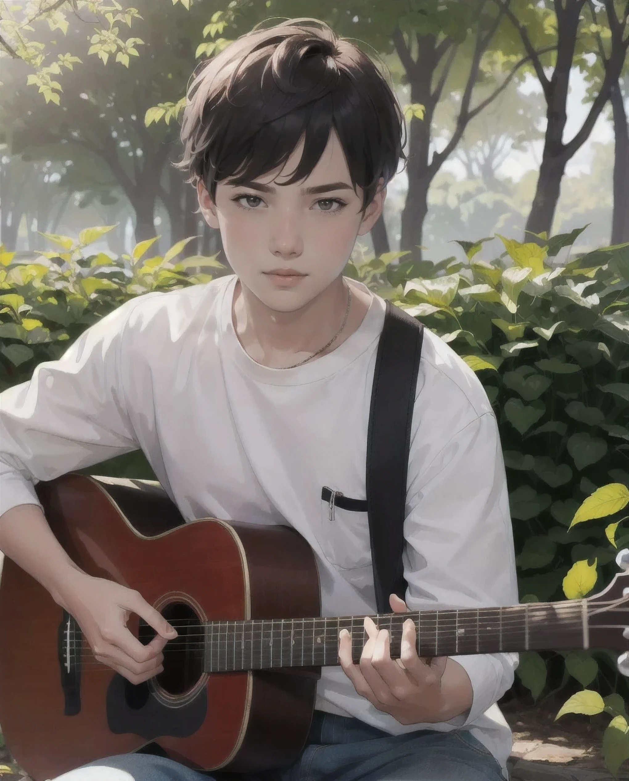 a young boy playing an acoustic guitar, detailed facial features, looking directly at camera, sitting in a lush green garden, natural lighting, serene atmosphere, detailed rendering, vibrant colors, photorealistic, 8k, high quality