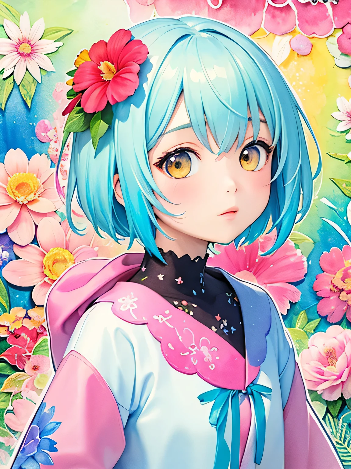 Momoko Sakura style、8K Quality、Intense watercolor, Detailed watercolor art, Watercolor splash, Surreal, avant-garde pop art, Beautiful and expressive paintings, Beautiful artwork illustration, Very colorful tones, wonderful, Cool beauty, highest quality、Official Art, Vector art, Stylish design, (((The most beautiful girl))), (((highest quality))), HDR, ((detailed)), (((Doodle Art)), ((masterpiece)), ((Super detailed)), (((Colorful flowers))),