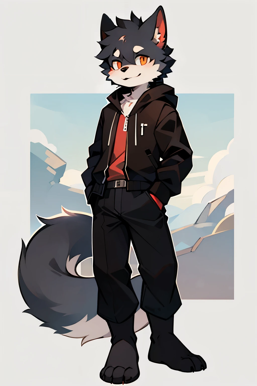 masterpiece，Bright eyes, panoramic, character focus, solo, Hairy male wolf, Off-white fur, Eyes of different colors,Casual Clothing，Young Style，Cold attitude,Height 1.7 meters，Very handsome, Has a tail，off and on，without，Vector，Line Art