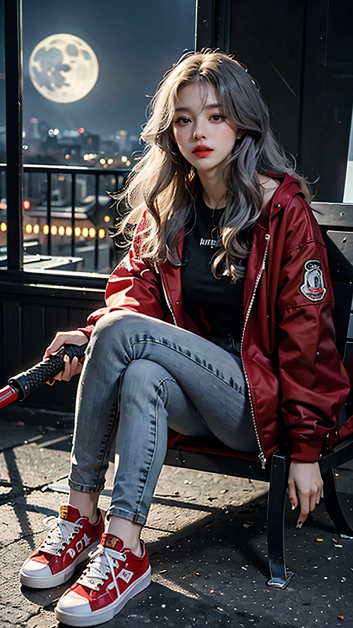 (Sci-fi fantasy), (Masterpiece), (professional oil painting) (best quality), (8k resolution), (1 beautiful girl), ((pale gray skin)), (iron gray skin), ((jeans clothes)),(red jacket)), ((black t-shirt underneath), ((red lipstick)), ((black sneakers)), (comcept art), , (long hair), (messy hair), (white hair), (iron gray hair), ((with futuristic weapon)), (ammunition), ((moonlight of the night)), (sitting thinking))