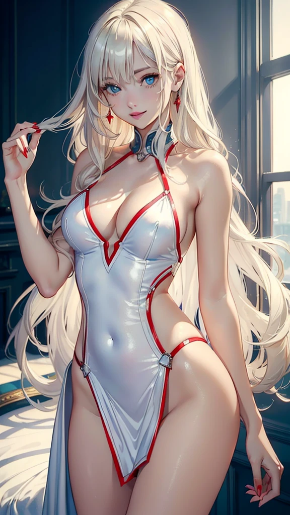 (highest quality, High resolution, masterpiece :1.3), 25-year-old Caucasian female、Platinum Blonde、blue eyes、Semi-long hair、My hair is wavy、smile、Slim but well-defined figure、I want my head to stay off screen、Wearing red nail polish、I have a peticure、smile、She's wearing a high-neck sweater dress、I'm wearing high heels、in front of an old concrete wall、smile、Arms crossed、Pastel Green Wallpaper、sit on a sofa in a luxurious living room、smile、chest emphasis、Cleavage Emphasis