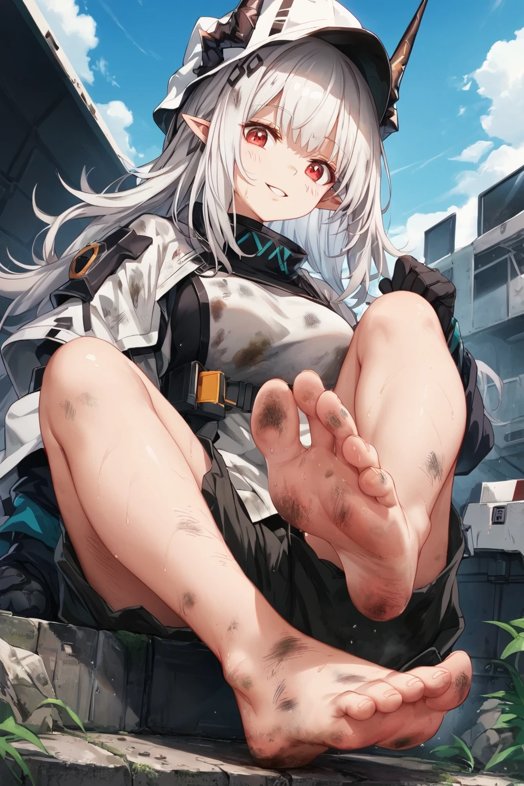 score_9, score_8_up, score_7_up, BREAK,
Hyperrealism,1girl,mudrock (arknights),dirty,feet,gloves,helmet,horns,soles,red eyes,barefoot,pointy ears,breasts,solo,long hair,white hair,black gloves,toes,hardhat,foot focus,looking at viewer,sitting,sweat,parted lips,dirty feet,holding,outdoors,sky,bangs,oripathy lesion (arknights),day,smile,blush,demon horns,infection monitor (arknights),foreshortening,sun,