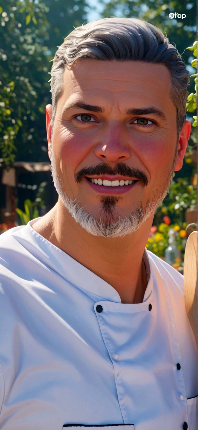 white chef's uniform, black apron,