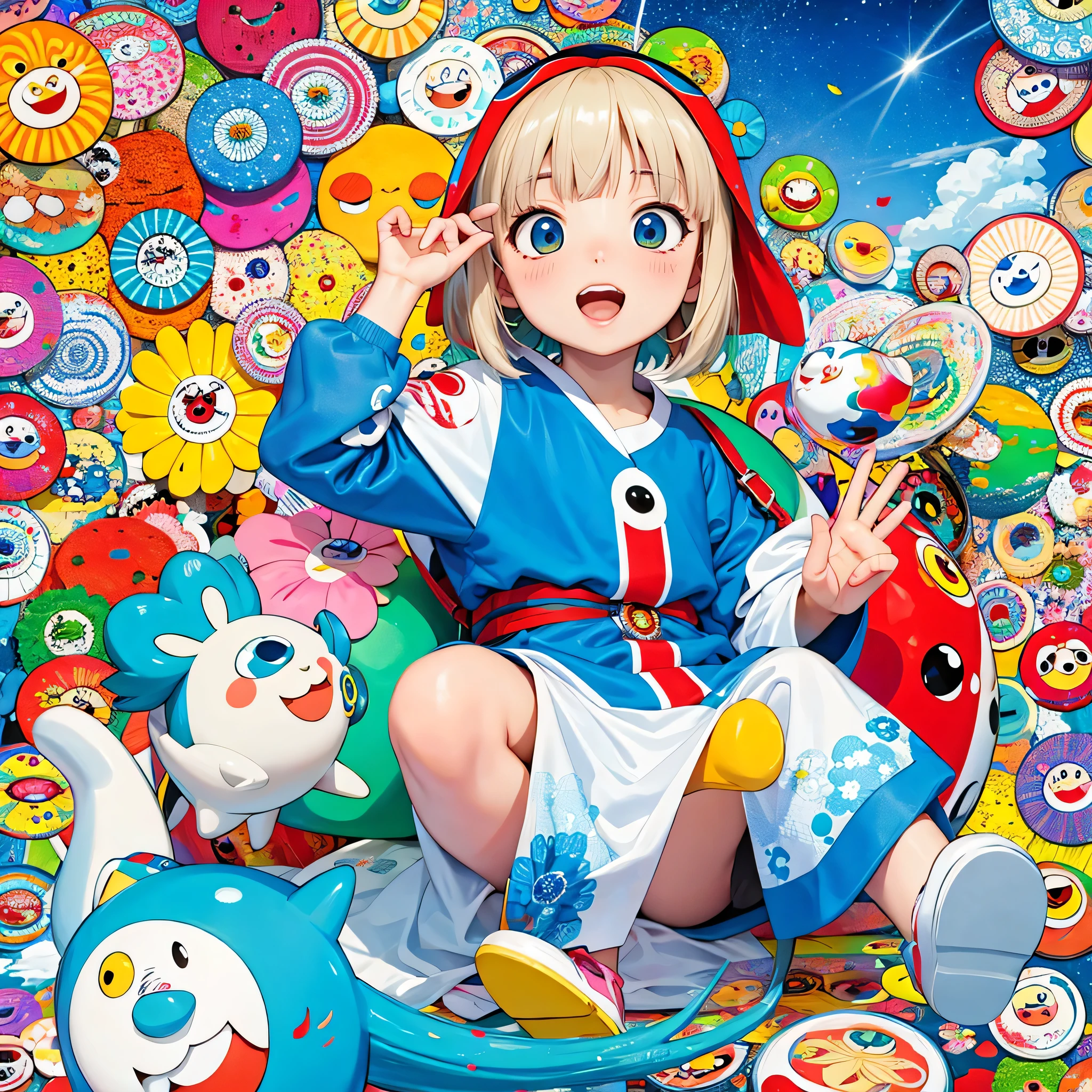 8K quality, Takashi murakami'illustration of, intense watercolor, watercolor detailed art, watercolor splash, surreal, avant-garde pop art, Beautiful and expressive paintings, Beautiful artwork illustration of, very colorful tones, wonderful, cool beauty, highest quality,official art, vector art,stylish design, (((highest quality))), HDR, ((Detailed details)), (((graffiti art))), ((masterpiece))、((Super detailed))、(((colorful flowers)))、(((Hawaii Travel)))