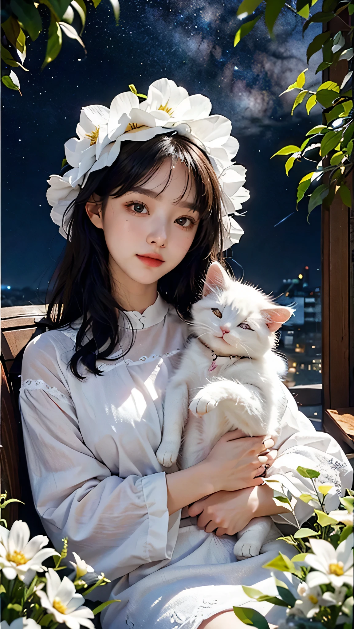 A  and a fluffy white kitten, flowers, sleeping, long black hair, night, starry sky