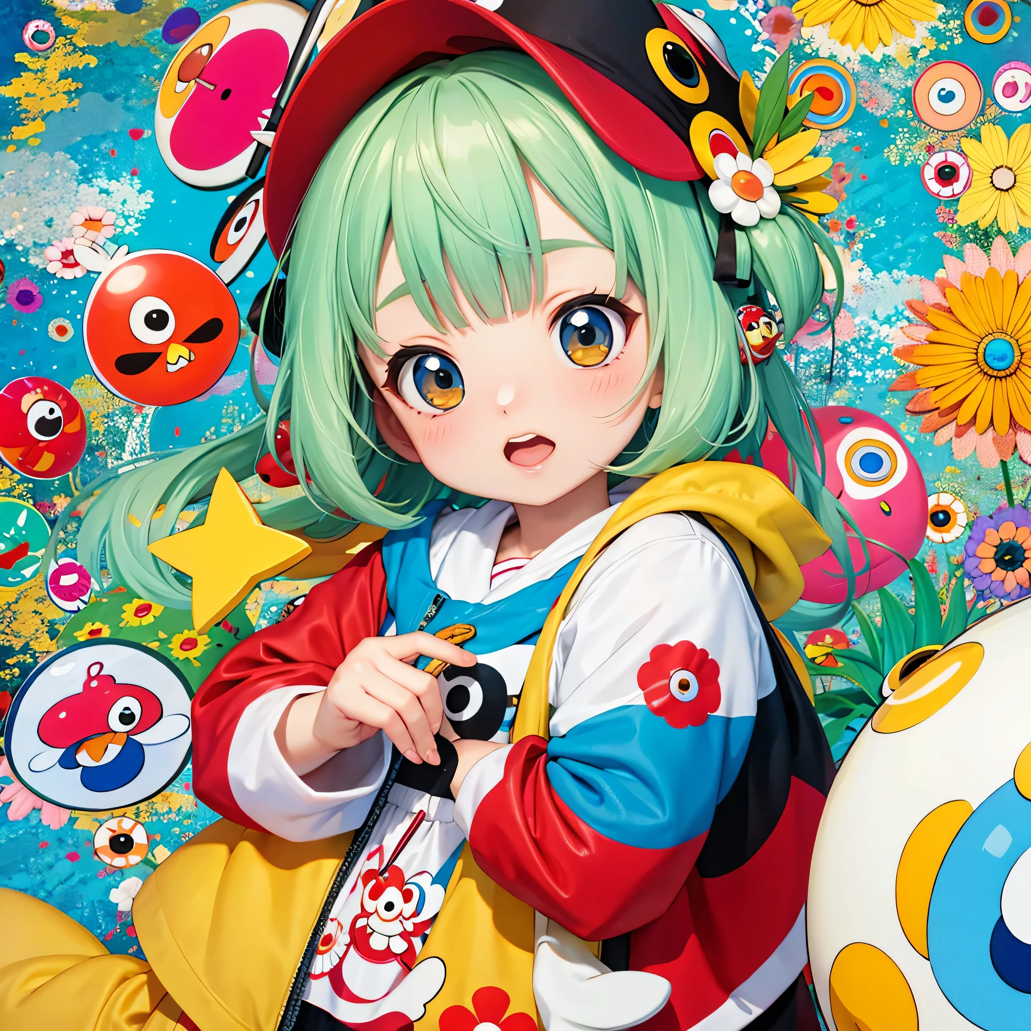 8K quality, Takashi murakami'illustration of, intense watercolor, watercolor detailed art, watercolor splash, surreal, avant-garde pop art, Beautiful and expressive paintings, Beautiful artwork illustration of, very colorful tones, wonderful, cool beauty, highest quality,official art, vector art,stylish design, (((highest quality))), HDR, ((Detailed details)), (((graffiti art))), ((masterpiece))、((Super detailed))、(((colorful flowers)))、(((Hawaii Travel)))