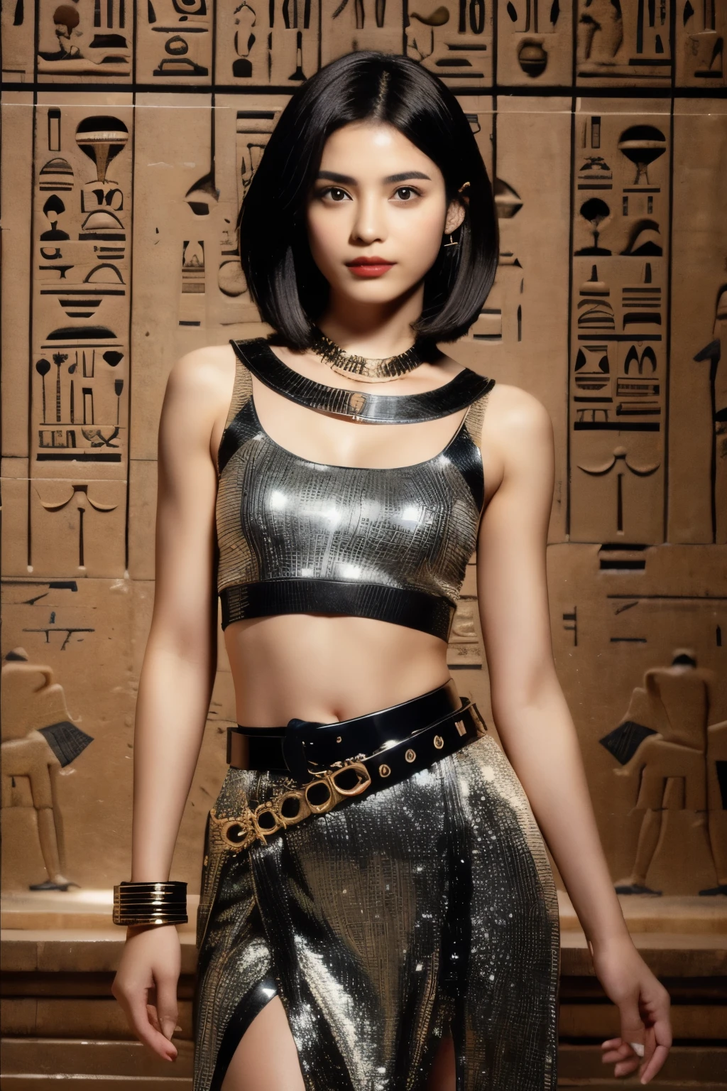 242 20-year-old female, short hair,kind, lipstick, Egyptian civilization, Waist belt, Hieroglyphics