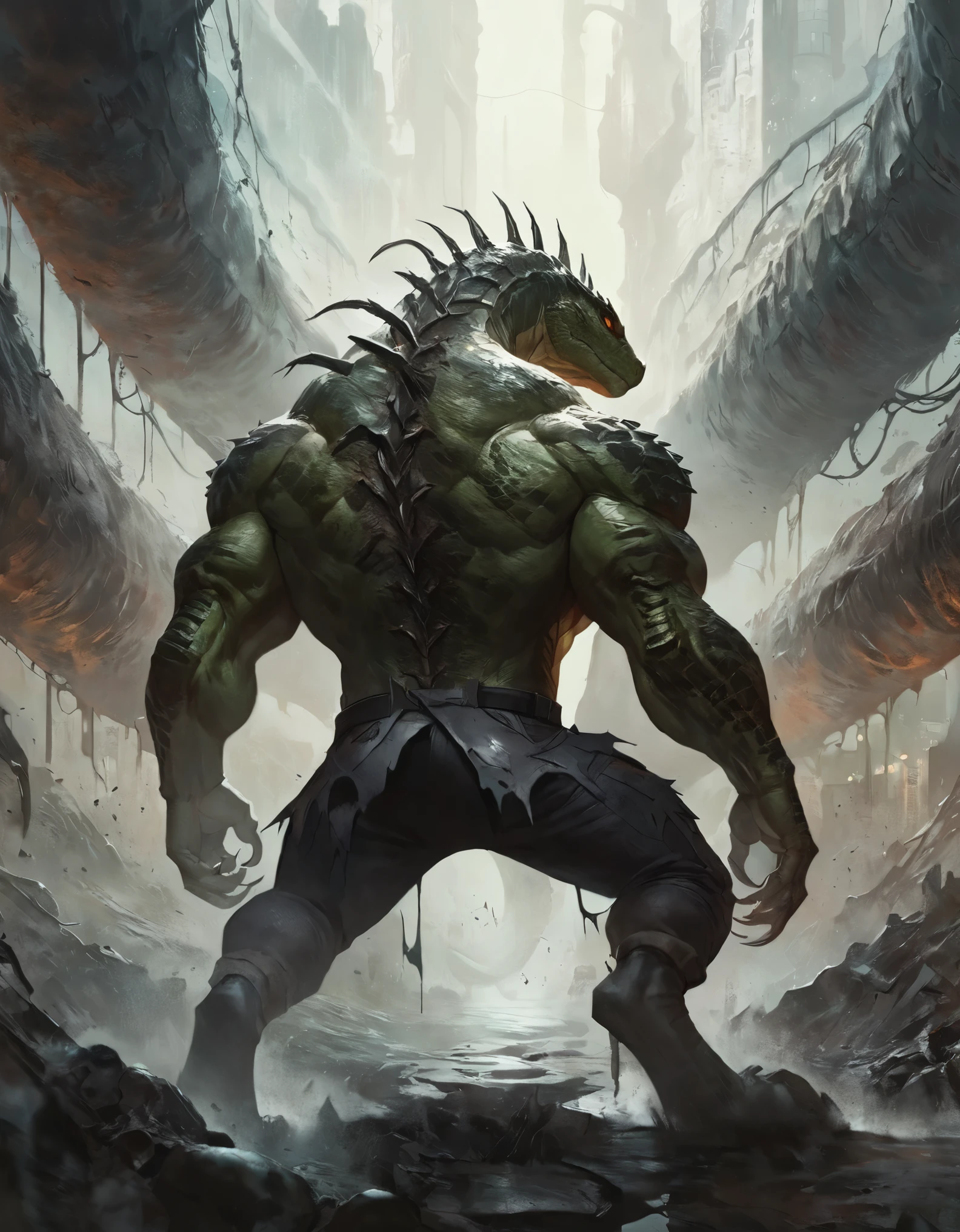 The lizard from spiderman, muscular, sewer, torn pants, torn lab coat, spiked back, ferocious, concept art, hi res, masterpiece, absurd res, 2023, extreme detail, solo,