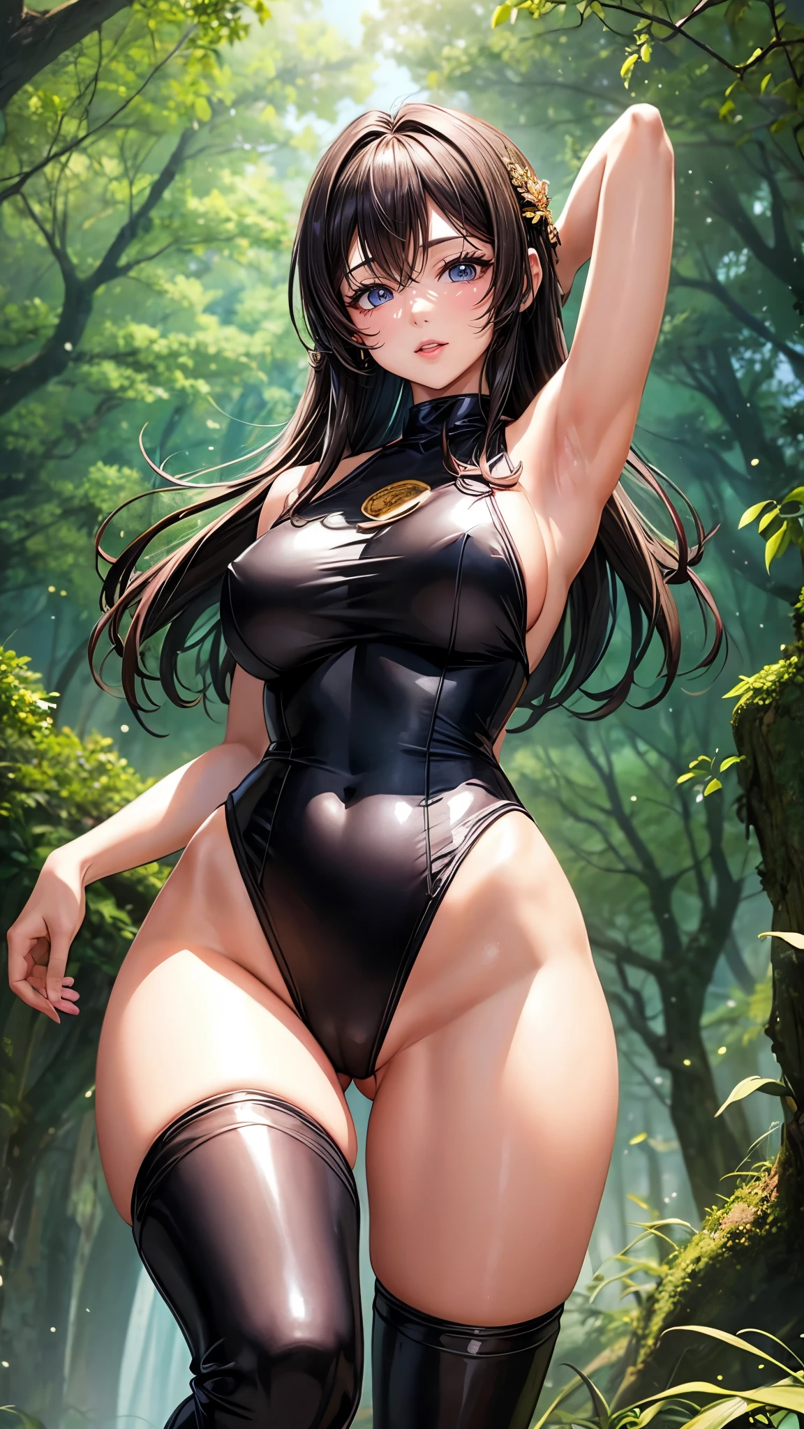 Thai Idol Big Breasts Grid Girls Racing model costume enamel leotard High leg stockings Knee-high boots Armpit In the forest