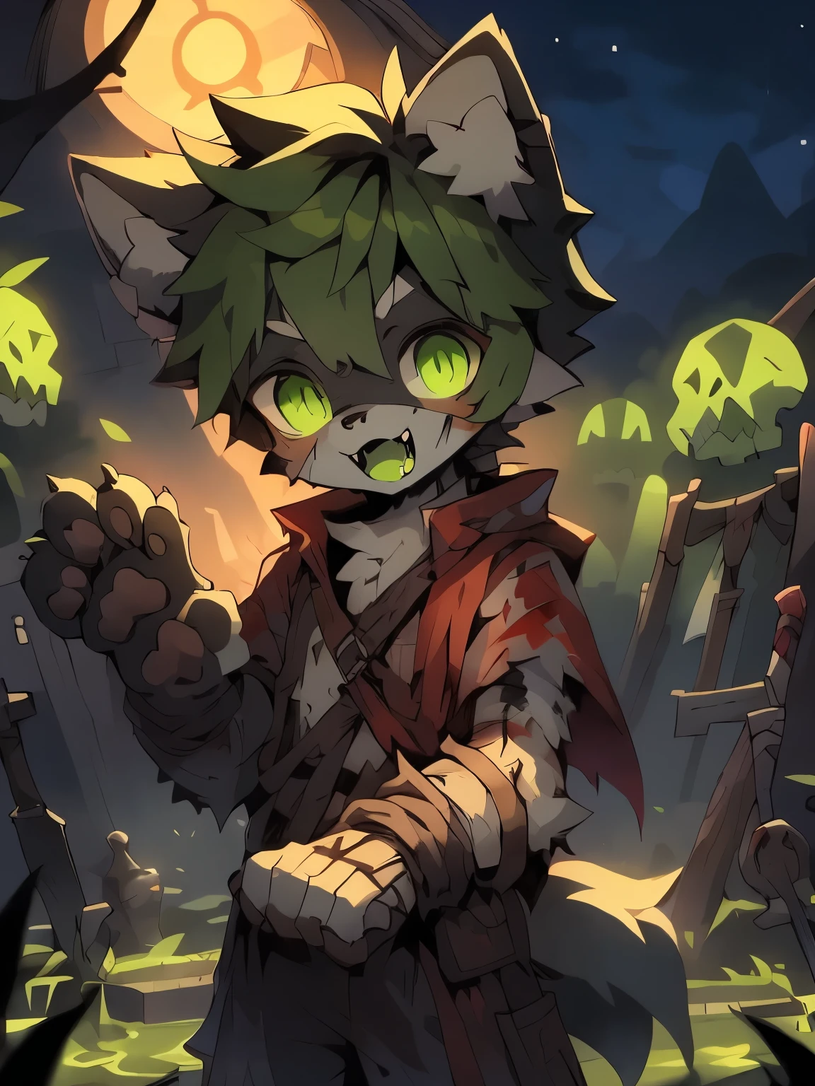 masterpiece, best quality, soft light, Intricate details, Soft lines, 16K,night,shadow,Dark Environment, my own, toy doll,Wolf Boy,Shota,hero,Both,hero Bothe,Undead,Broken body,skeleton,Huge wounds,Sharp fangs,Black and fluorescent green hues,Paw pads,wounds,Fluorescent green blood,Blood,green tongue,green saliva,Corpse,Ragged clothes,Dirty bandages,Plush paw,Paw pads,Fluorescent green pickaxe dyes,Green slime,grave,funeral home
