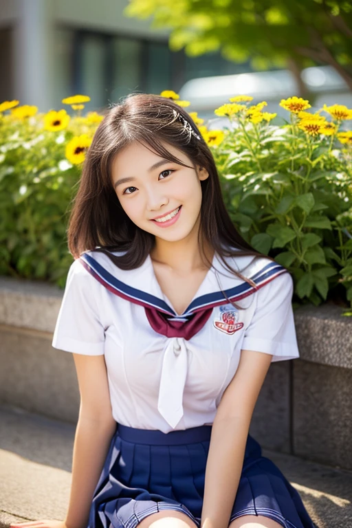 (((full bodyesbian)))、((Girls' High School Uniforms))、((1a person))、ponytail、short-hair、Close to the subject、((a school flower beds)))、(((ssmile)))、(((Girls' High School)))、((a beauty girl))、((sexy pose))、Photorealsitic、Beautiful detailed eyes、Hyper-Realism、highcontrast、Ultra HD、realistic skin textures、Top image quality、top-quality、超A high resolution、Fine details、Very meticulously、well-endowed round bosom