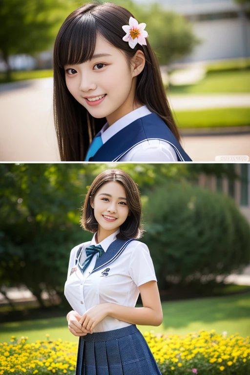 (((full bodyesbian)))、((Girls' High School Uniforms))、((1a person))、ponytail、short-hair、Close to the subject、((a school flower beds)))、(((ssmile)))、(((Girls' High School)))、((a beauty girl))、((sexy pose))、Photorealsitic、Beautiful detailed eyes、Hyper-Realism、highcontrast、Ultra HD、realistic skin textures、Top image quality、top-quality、超A high resolution、Fine details、Very meticulously、well-endowed round bosom