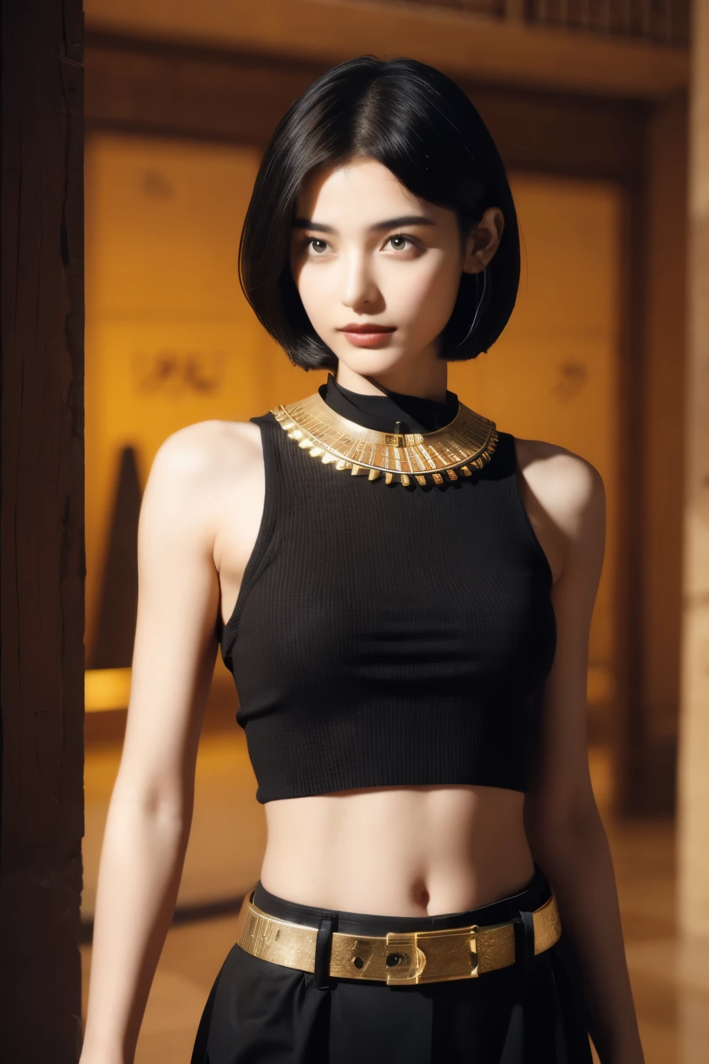 242 20-year-old female, short hair,kind, lipstick, Egyptian civilization, Waist belt, Hieroglyphics