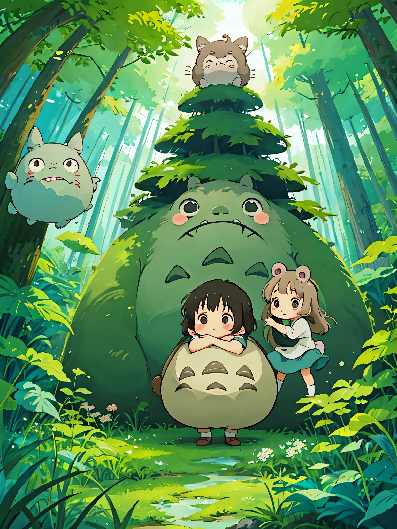 Hayao Miyazaki style, Kawaii Design, most beautiful girl ever、Chibi, hugging TOTORO, Totoro Forest