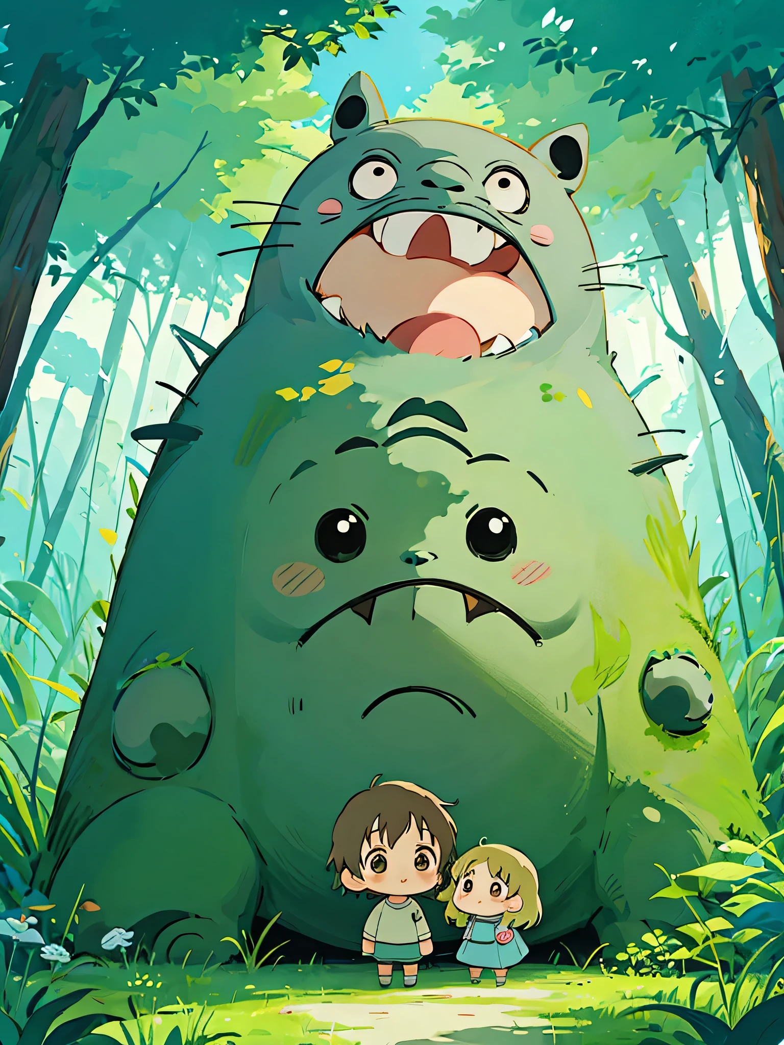 Hayao Miyazaki style, Kawaii Design, most beautiful girl ever、Chibi, be huged TOTORO, Totoro Forest