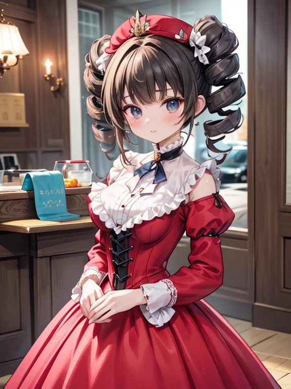 masterpiece, highest quality, Very detailed, 16k, Ultra-high resolution, 17-year-old girl, Detailed face, Anatomically correct, black eye, Black Hair, Long Hair, Drill Hair, (mega twin drills:1.5), (victorian dress:1.6), (Red dress:1.5), Shoulder-to-shoulder clothing, Skirt with a widened hem, High heels, necklace, Concert Venues, guitarshop, violin, violinを持つ, Performance