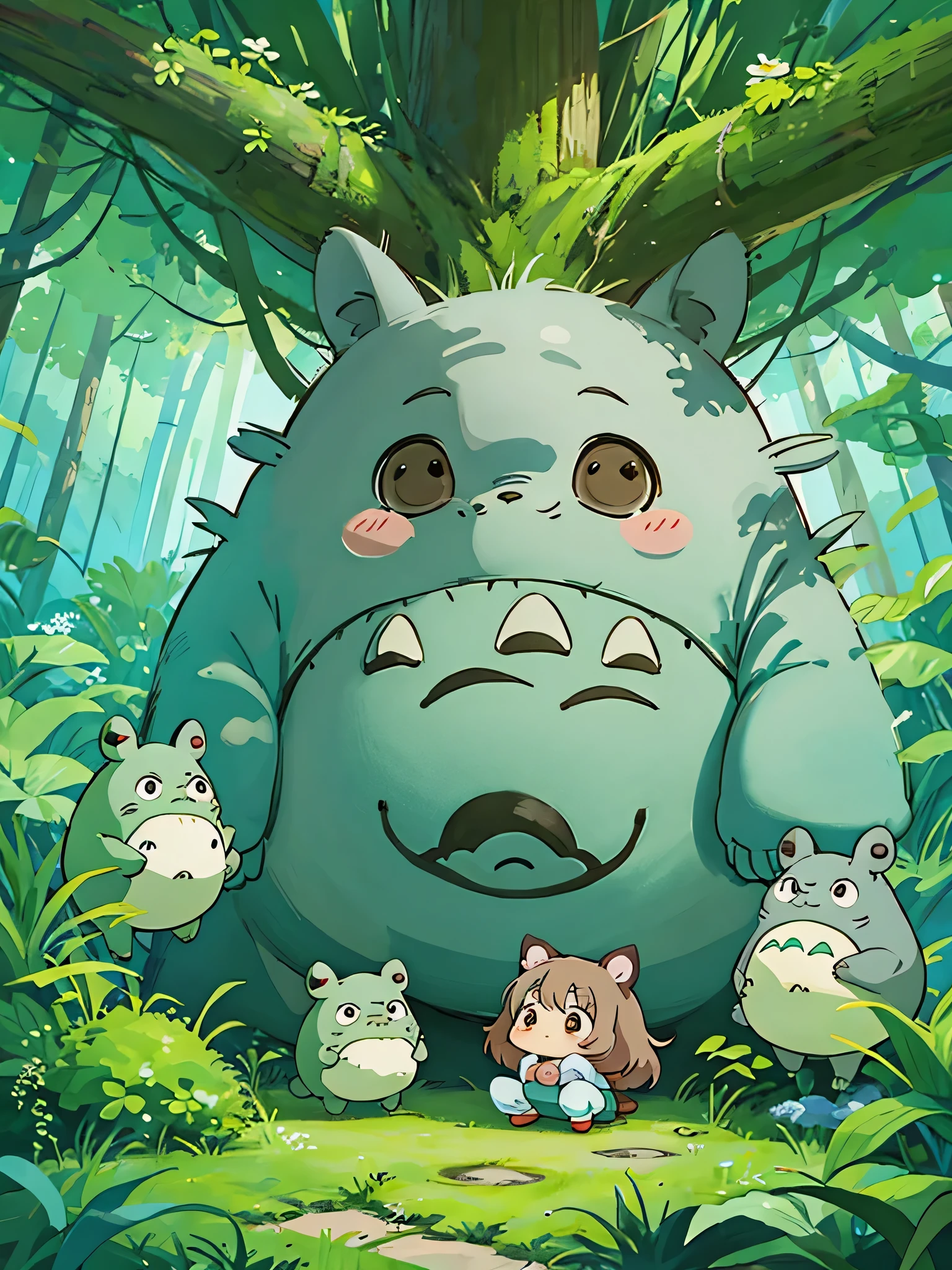 Hayao Miyazaki style, Kawaii Design, most beautiful girl ever、Chibi, be huged TOTORO, Totoro Forest