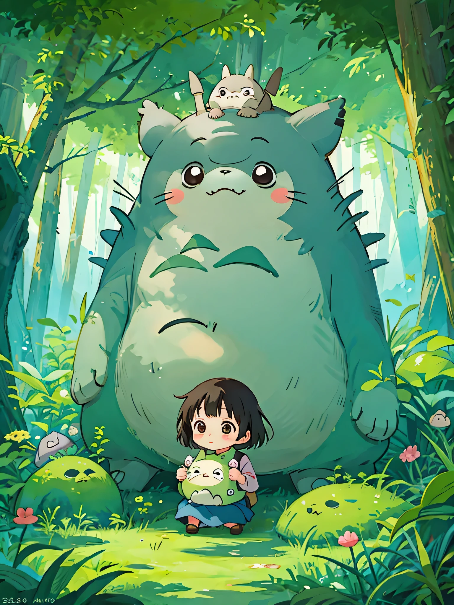 Hayao Miyazaki style, Kawaii Design, most beautiful girl ever、Chibi, be huged TOTORO, Totoro Forest