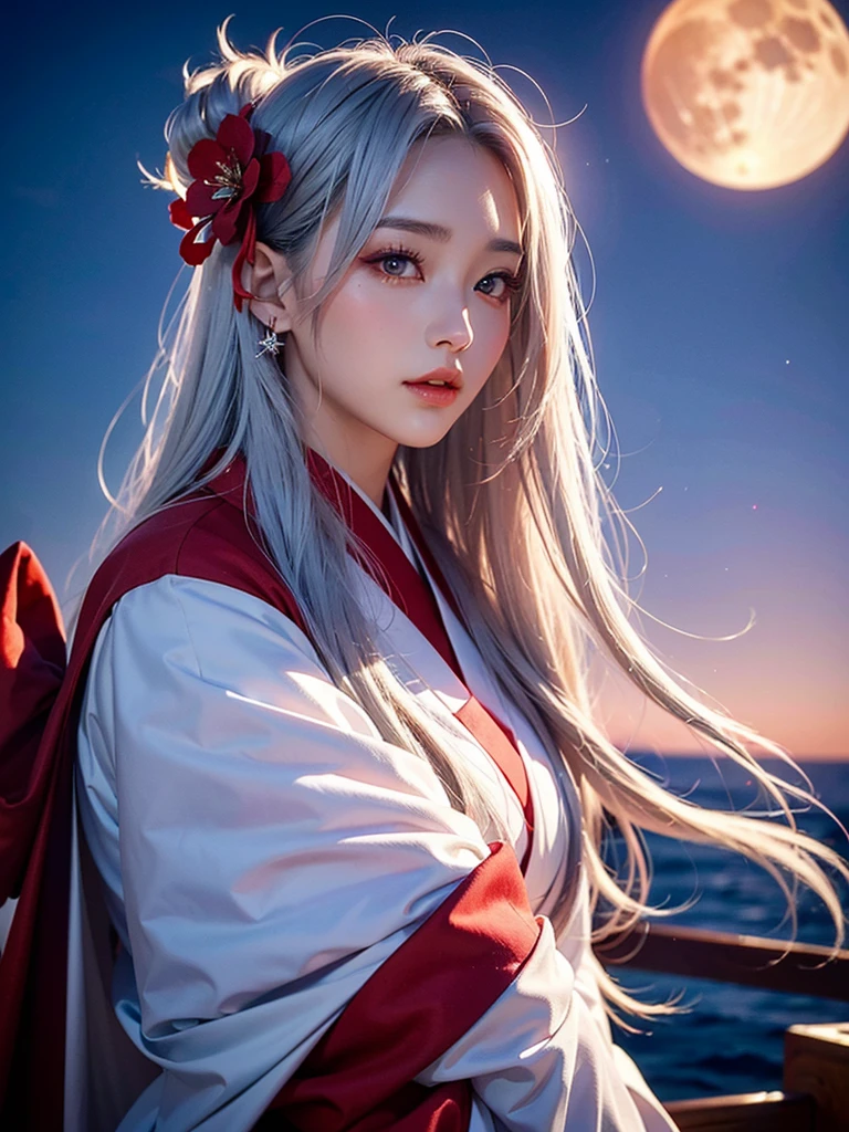 high resolution、high quality、One very beautiful woman、Silver Hair、Smooth long hair、White skin、Red Eyes、Stylish white and red kimono、Beautiful full moon scenery