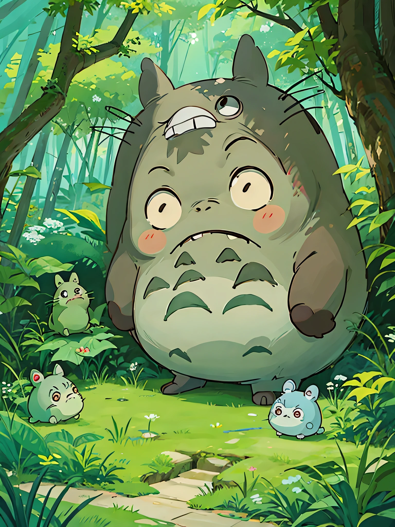 Hayao Miyazaki style, Kawaii Design, most beautiful girl ever、Chibi, Get a hug from Totoro, Totoro Forest