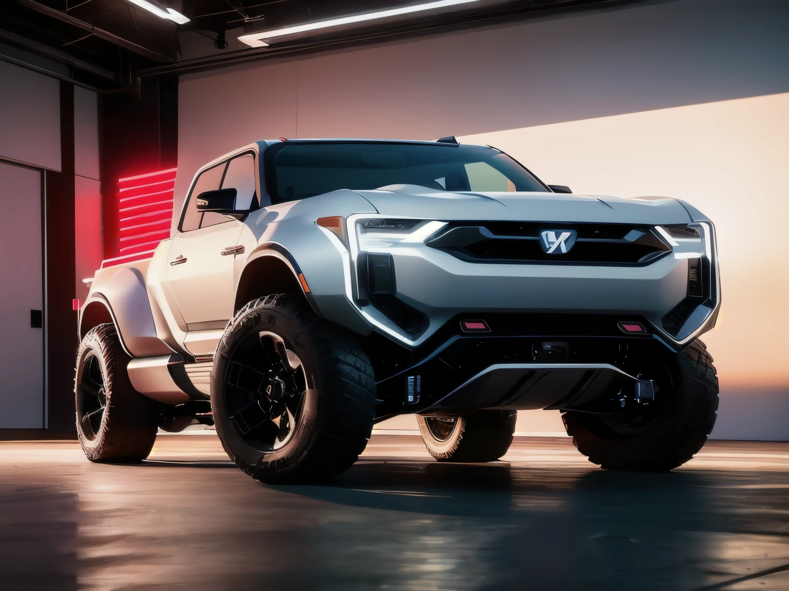 Create a concept image of a futuristic pickup truck in a professional photography studio. The vehicle should embody cutting-edge design elements, with a sleek, angular silhouette that suggests innovation and performance. highlighting the red color, Capture the truck from a dynamic angle that highlights its robust structure and advanced features, such as LED lighting, retractable loading cover, and smart cargo system. The lighting should be dramatic yet balanced, casting crisp shadows that define the truck's contours and emphasize the glossiness of its metallic paint job. The background should be a clean, neutral gray that complements the truck's color without competing for attention. Ensure the studio environment is evident, with subtle indications of the camera gear and equipment that convey a sense of professional craftsmanship.