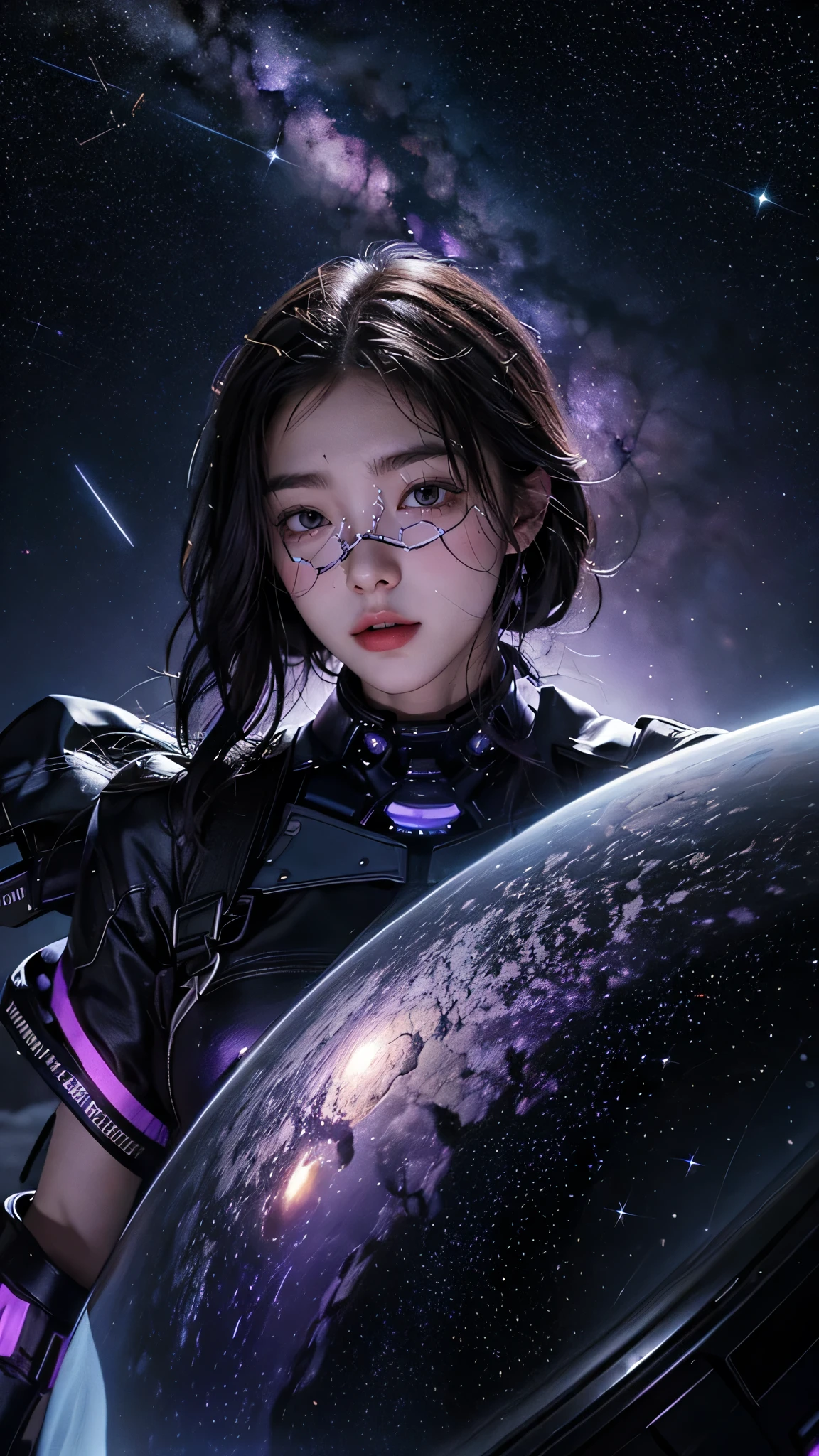 starry sky with the constellations of the zodiac, shades of purple as if they were nebulae, vast space, cyberpunk city at the bottom,