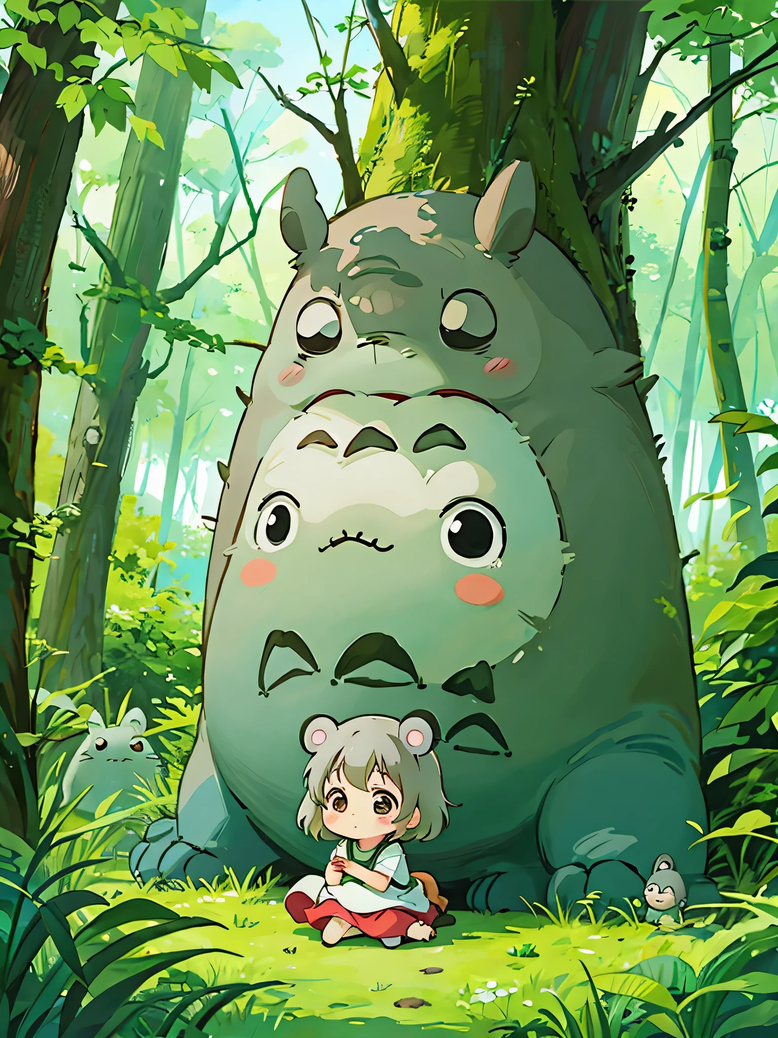 Hayao Miyazaki style, Kawaii Design, most beautiful girl ever、Chibi, Get a hug from Totoro, Totoro Forest