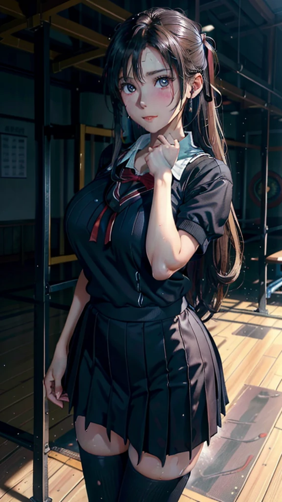 (RAW photo: 1.2), (photorealism: 1.4), top quality, beautiful detailed girl, huge file size, high resolution, 8k wallpaper, full body naked, fine detail, highly detailed ticker uniform 8k wallpaper, hyper realistic, super detail, masterpiece, 16 year old girl, very detailed eyes and face, beautiful detailed eyes, light on face, movie lighting, sexy pose, varied pose, brown ponytail hair, beautiful gigantic breast, school PA uniform, ((school PA uniform in school gym)), standing, shot from below, school gym, rainy days, dark sky, ((she is sweating))
