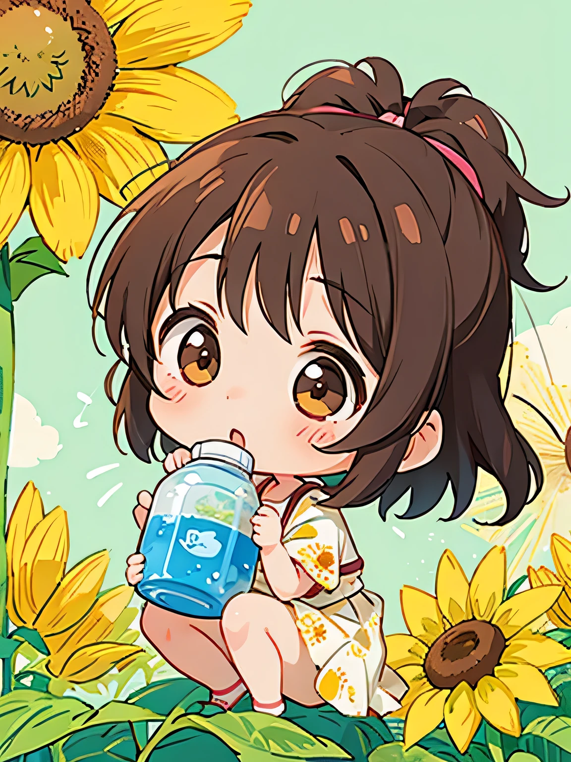 Momoko Sskura style, Kawaii Design, The most beautiful girl of all time、Chibi, Hydration, hot summer, sunflower
