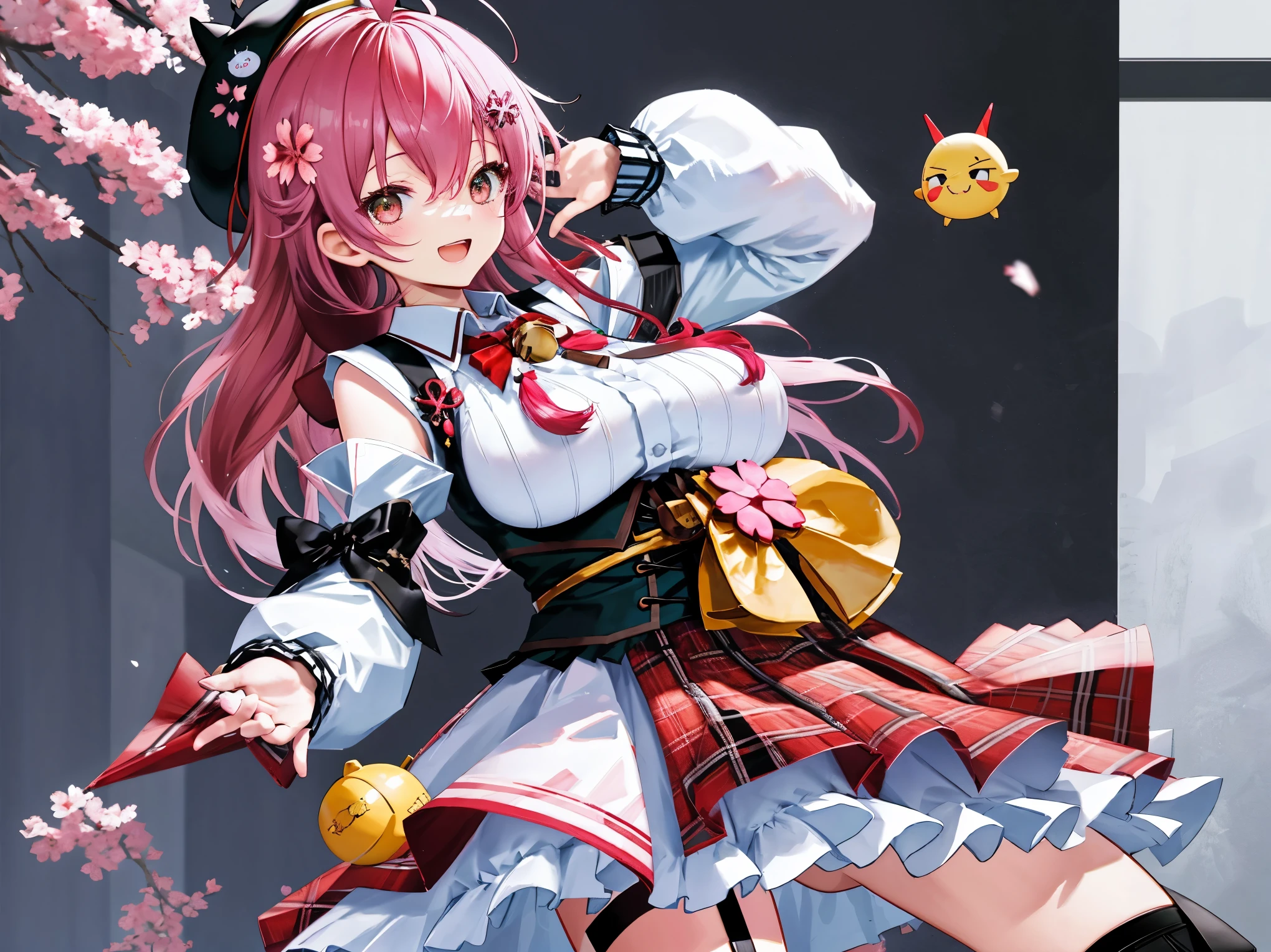 masutepiece, Best_Quality, hight_resolution, miko3,Ponytail, 1girl, Ahoge, black headwear, Hair Ornament, White shirt, black thighhighs, Pink hair, Red_skirt, (very_short_skirt:1.5), plaid skirts, garter_strap, Collared shirt, hair clips, frilld, Bangs, hair between eye, frills skirt, beret, Pleated skirt, Hair Flower, Neck bell, , puffy long sleeves, Black bow, Underbust, Cowboy Shot,Smile, (gigantic_breasts:1.3),(covered_nipples:1.3), covered_pussy,(closed_eyes:1.3), (happy:1.5), childlike_posing,spread_legs,(childlike_smile:1.2),plump,open_mouth, (open_clothes:1.2),cleavage,(Panty_shot:1.3),(apart_legs:1.3)