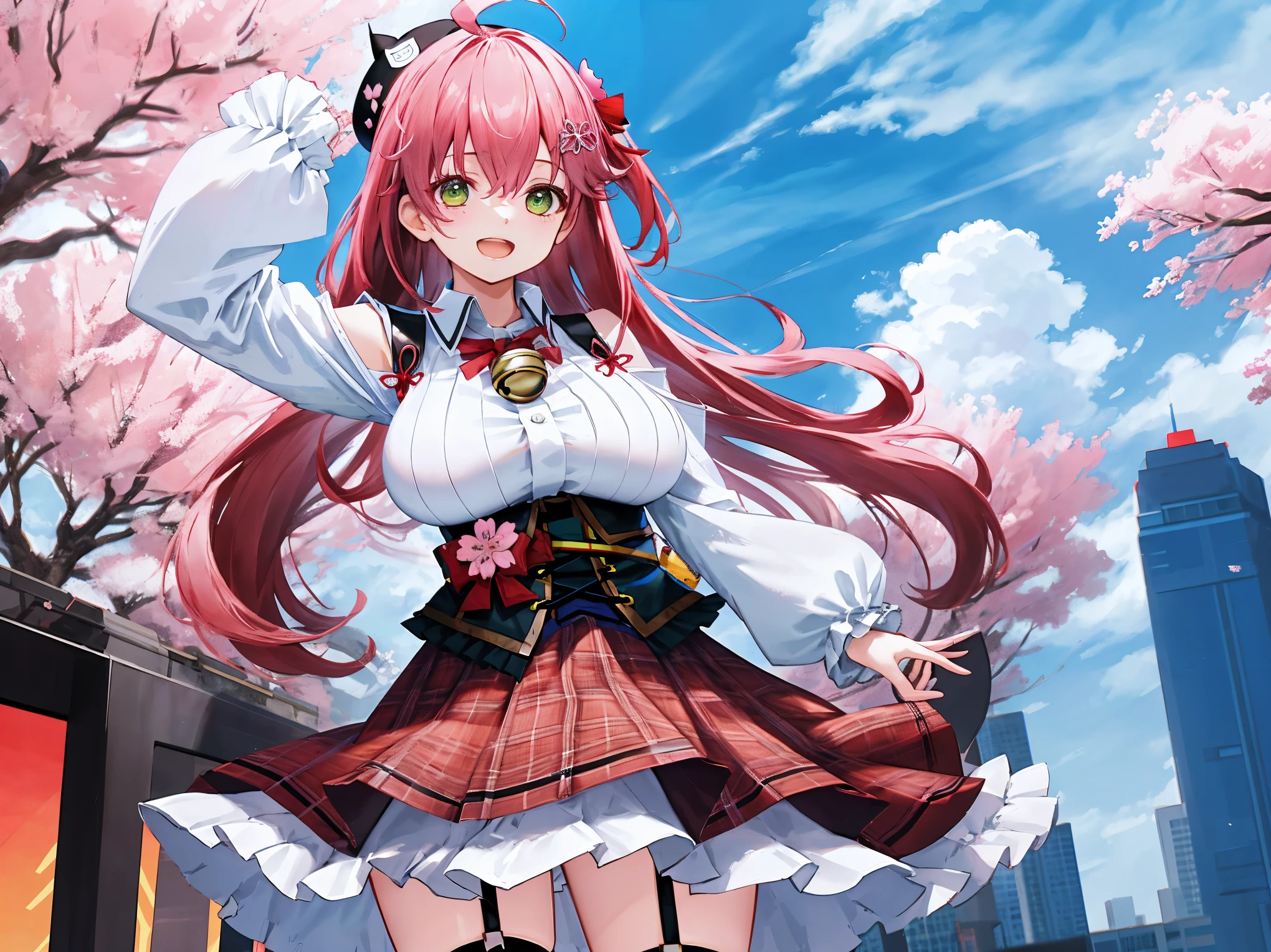 masutepiece, Best_Quality, hight_resolution, miko2,Ponytail, 1girl, young_teen,Ahoge, black headwear, Hair Ornament, White shirt, black thighhighs, Pink hair, Red_skirt, very_short_skirt, plaid skirts, garter_strap, Collared shirt, hair clips, frilld, Bangs, hair between eye, frills skirt, beret, Pleated skirt, Hair Flower, Neck bell, , puffy long sleeves, Black bow, Underbust, Cowboy Shot,Smile, (gigantic_breasts:1.3),covered_nipples, covered_pussy,green_eyes, happy, childlike_posing,spread_legs,(big_smile:1.2),plump,open_mouth,shout,half_eyes,cherryblossom_park_background,