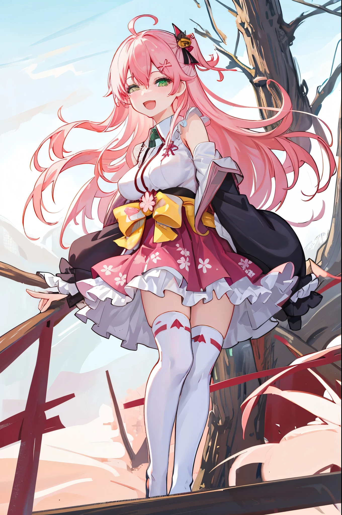 masterpiece, best quality, highres, sakura_miko, 1girl, (loli:1.3),medium_breasts, kimono, solo, ahoge, x_hair_ornament, pink_hair, floral print, hairclip,(side_less_clothes:1.3), (side_breasts:1.3), hair_bell, floral print, long_hair, hair between eyes, one side up, white_thighhighs, wide sleeves, open_mouth,(happy:1.3),green_eyes,smile,apart_legs,(overly_long_sleeves:1.3),),sleeves_past_wrists,hands_hidden_sleeves,sidelock_clothes,solo,hidden_wrists,(XD:1.5),covered_nipples,sunlight,(bare_flank:1.3),boots,open_mouth,kimono,close_eyes,.