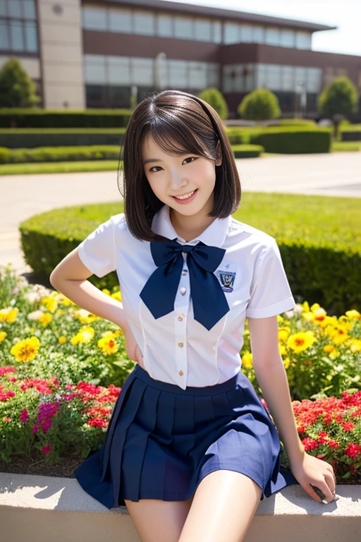 8k,masterpiece,Japanese,14-year-old girl,from the front,Innocent face,Navy blue uniforms of Japanese junior high schools, semi-long,noon,bright,Cherry tree,Very large breasts,Big Breasts,I can see my white underwear from the bottom of my skirt., Taken at the best angle